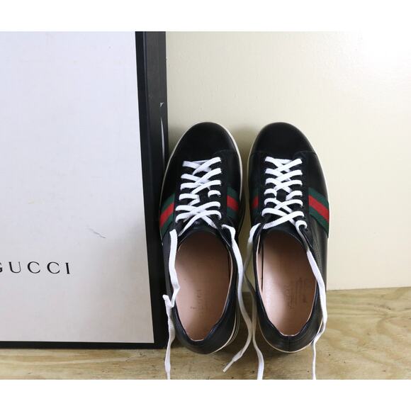 Gucci Sneakers Womens 10.5B Black Leather Peggy Platform Striped Shoes Italy - Picture 7 of 15